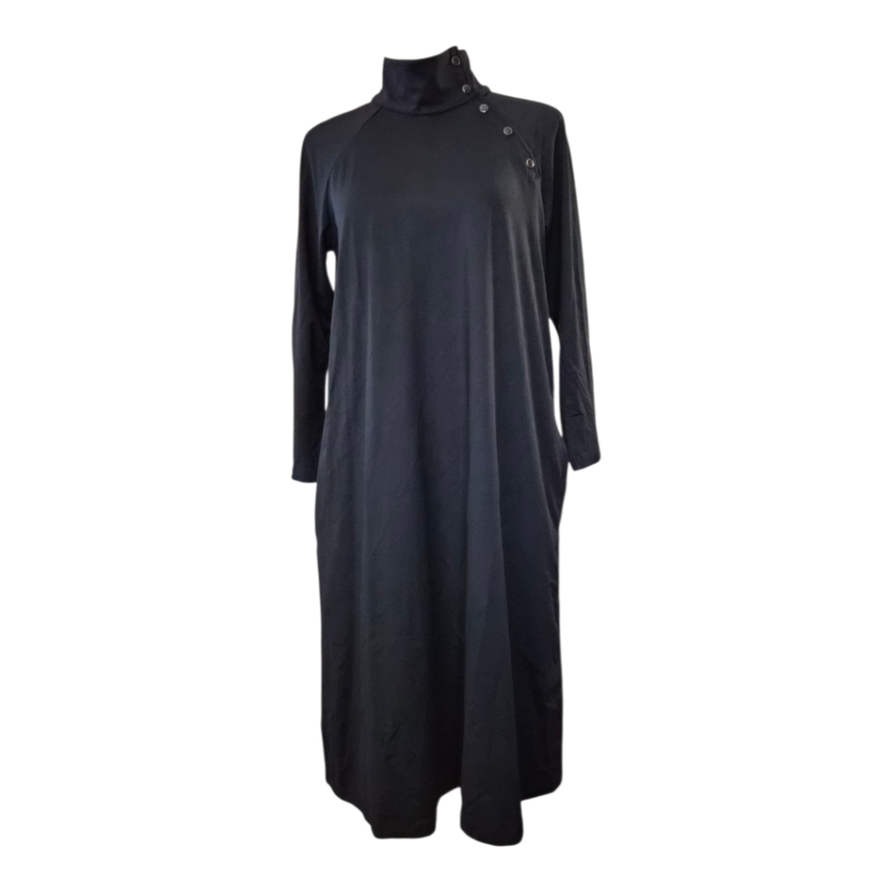 J.McLaughlin Black Midi Dress M Mock Neck Button Detail Long Sleeve Pockets